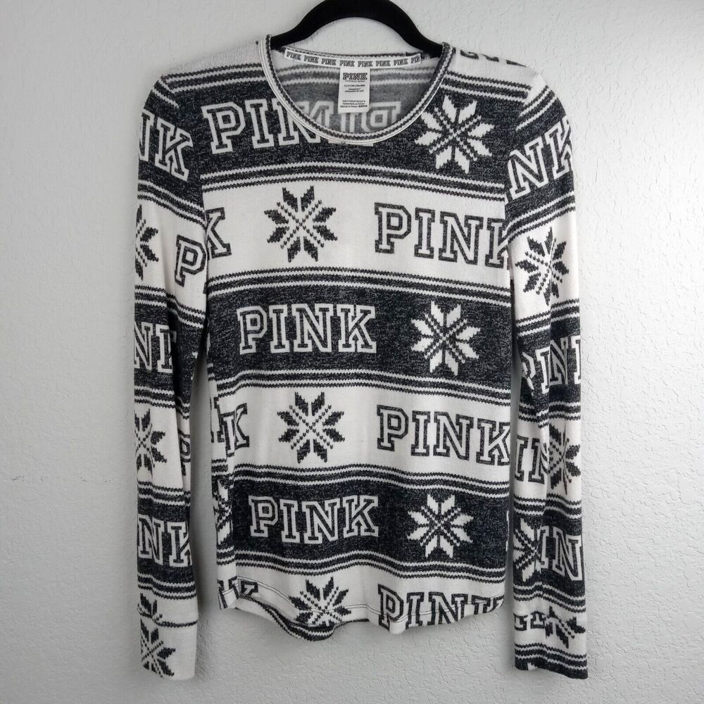 Victoria Secret Pink! Small Cozy Jersey Sleep Shirt Black White Fair Isle Winter